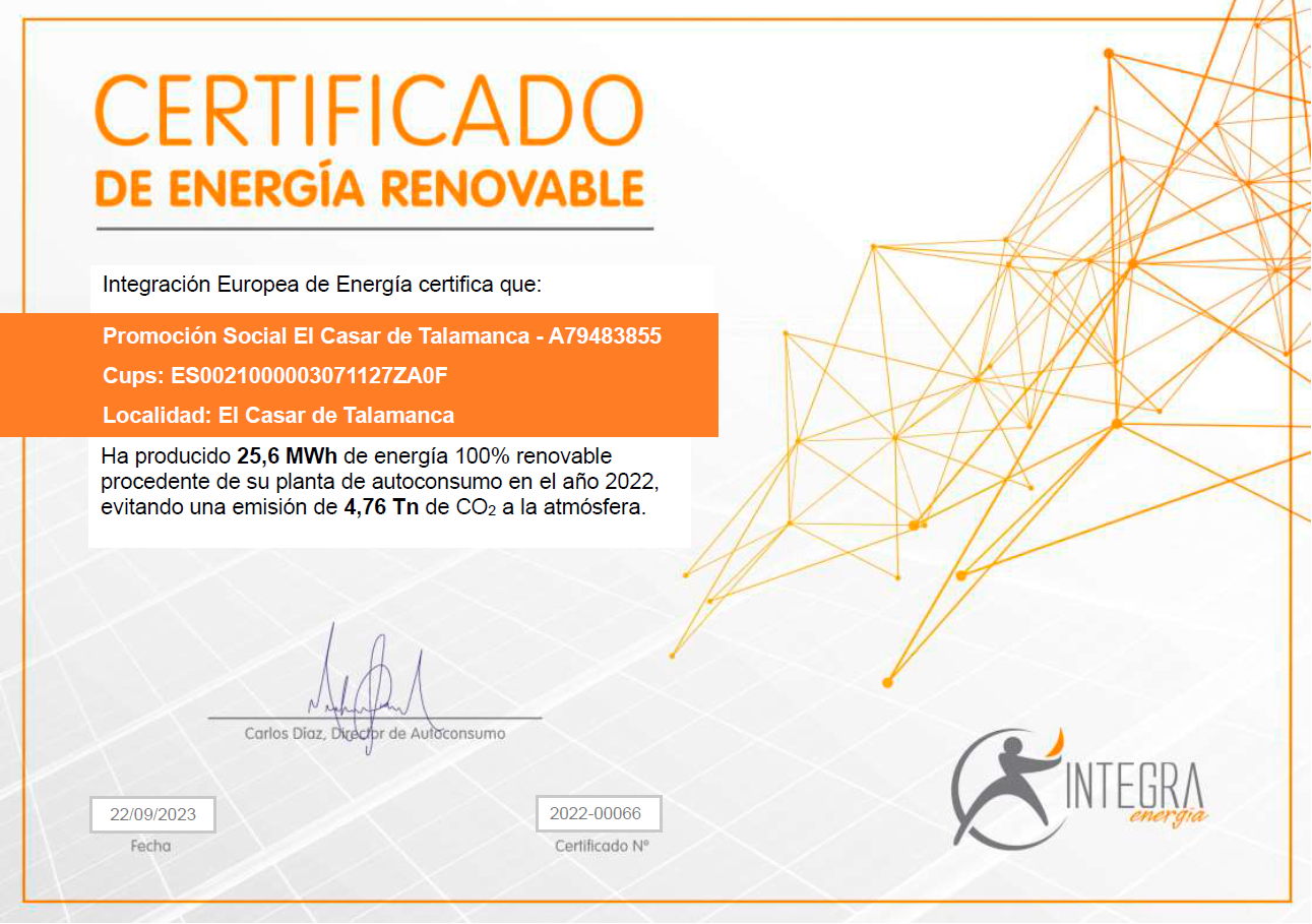 Certificado de energía renovable 2022 Residencia El Casar